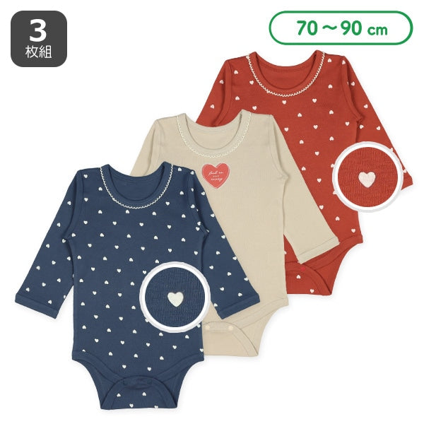 西松屋冬季長袖連身衣3件(心心藍/灰/紅)