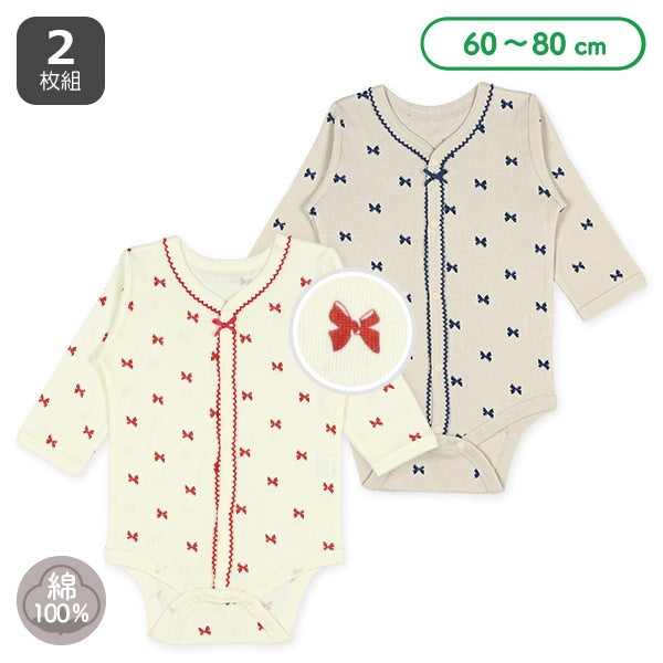 西松屋冬季前開長袖連身衣2件(蝴蝶結藍色/紅色)