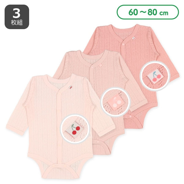 西松屋冬季前開長袖連身衣3件(櫻桃粉紅3色)