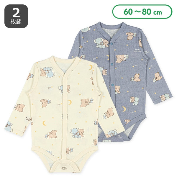 西松屋冬季前開長袖連身衣2件(象紫色/白色)