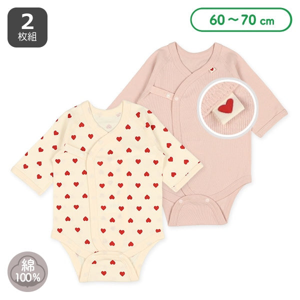 西松屋冬季長袖平扣開合連身衣2件(心心白色/粉色)